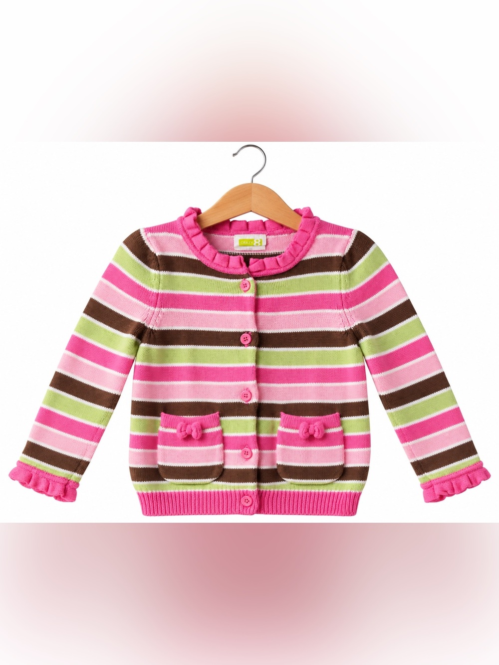 Crazy 8 Girls Striped Cardigan 2T Pink Green Brown Ruffle Preppy Y2K Sweater
